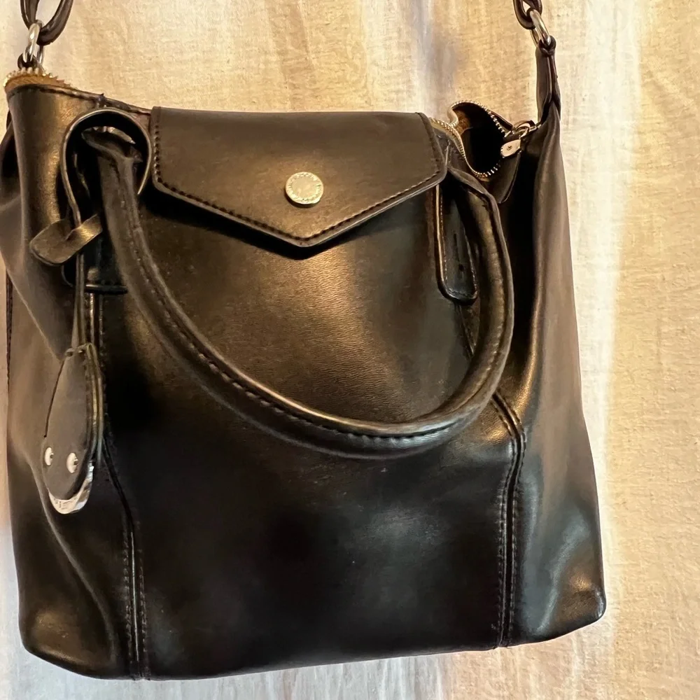 Emma and Sophia black leather satchel tote purse. With strap.